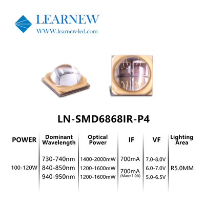 Puces à LED IR à haute densité et intensité 5-8W pour une longueur d'onde dominante 730-950MM