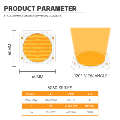 Puissance élevée Bi Couleur 300W 6060 Flip Chip personnalisé Cob LED Chip Pour Commercial Led Light Lumière de scène