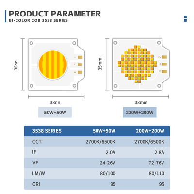 2700k 6500k CCT réglable LED COB 500W 200W Puissance élevée Ra95 Ra97 COB Puce LED pour lampe de photographie