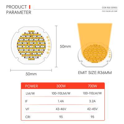 300w 700w haute puissance haute lumière R50 COB Cinq couleurs LED source personnalisable VF 42-46V LM / W 95