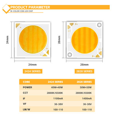LED COB bi-couleur à IRC élevé 30W/40W/50W/80W 2 en 1 Blanc chaud et Blanc froid 2424 Chip COB LED